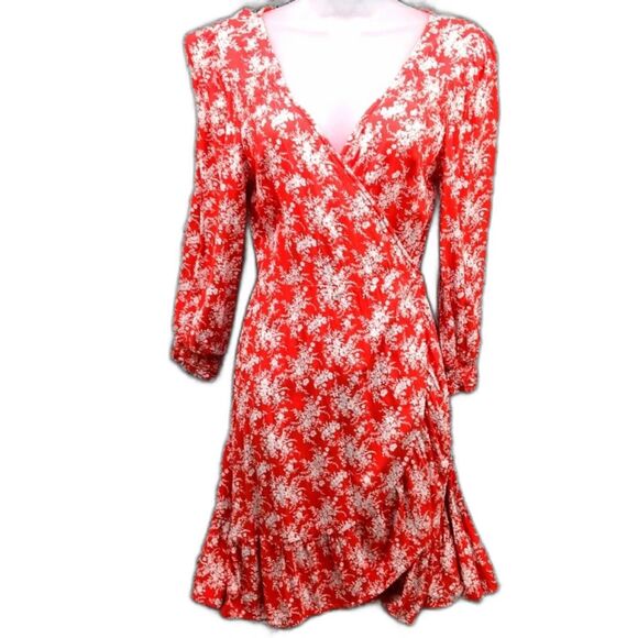 American Eagle Red Floral Wrap Dress Mini- Midi. 3/4 Sleeve. Woman's Large...... - Picture 1 of 10
